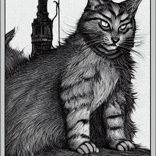 Prompt: a giant cat sitting on top of a victorian castle spire, cat god, style of kentaro miura!!!!, black and white, finely detailed