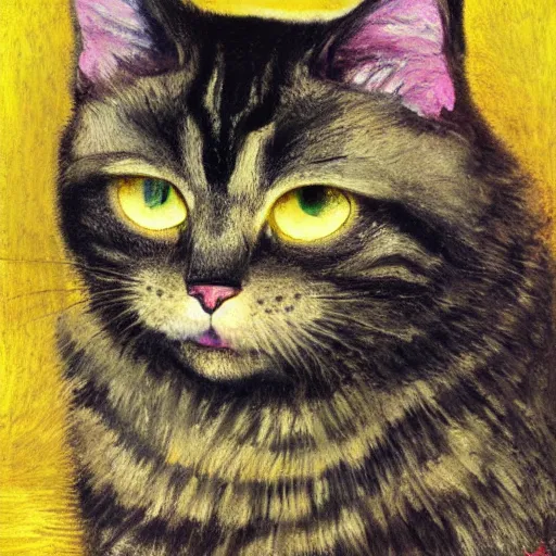 Prompt: portrait of a very fluffy dark tabby cat with green eyes, happy cat, canned food, moonlight, full body, smiling cat, golden colors, flowers, intricate, elegant, highly detailed, smooth, sharp focus, illustration, art by gustav klimt