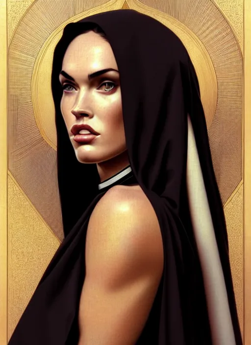 Image similar to portrait of megan fox as a sultry nun, catholic, church, bible, christian, intricate, headshot, highly detailed, digital painting, artstation, concept art, sharp focus, cinematic lighting, illustration, art by artgerm and greg rutkowski, alphonse mucha, cgsociety