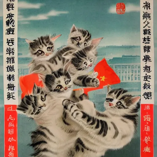 Image similar to a chinese propaganda poster cute kittens fighting in world war 3, ww 3, dystopian future, communist propaganda