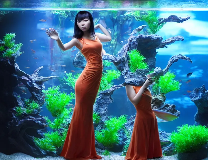 Image similar to southeast asian scifi alchemist in an aquascaped freshwater aquarium, wearing a lovely dress. this oil painting by the award - winning mangaka has an interesting color scheme and impeccable lighting.