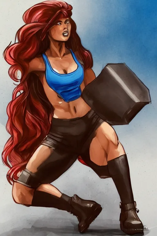 Prompt: a hyper muscular woman, bronze - skinned, blue - eyes, wearing a black cropped tank top, military pants, brown boots, wavy big red hair, 8 0's hairstyle, red lips, action pose, art by osmar - shotgun, trending on art station, illustration, action scene, full body