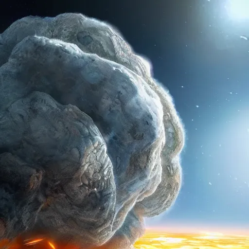 Image similar to concept art of a large meteorite explosion on the surface of earth as seen from space, scifi, highly detailed, high resolution photography, beautiful ilumination, artstation hq
