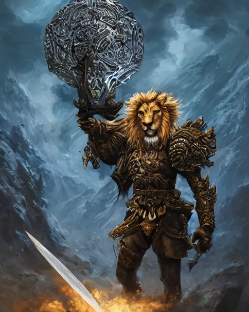 Prompt: Lion, Anthropomorphized, as warlord general on skull throne, holding sword, magic the gathering artwork, D&D, fantasy, cinematic lighting, centered, symmetrical, highly detailed, digital painting, artstation, concept art, smooth, sharp focus, illustration, volumetric lighting, epic Composition, 8k, art by Akihiko Yoshida and Greg Rutkowski and Craig Mullins, heroic pose, oil painting, cgsociety, Battlefield background, explosions, arrows