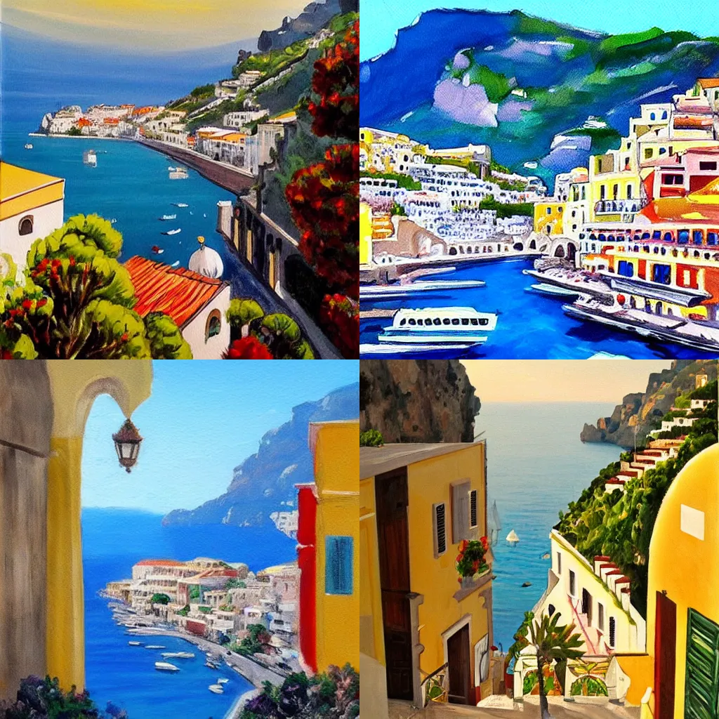 Prompt: beautiful afternoon at the amalfi coast, gauche painting,