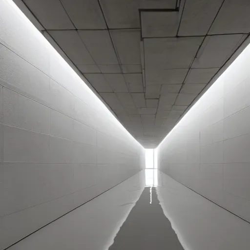 Prompt: photo of a vast interior space of irregular rooms and corridors, bizarre architecture. ceramic white tiles on all the walls. the floor is flooded with one meter deep water. eerie, volumetric lighting