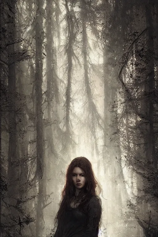 Prompt: portrait of a young woman, covered in cobwebs, dramatic lighting, cinematic, dark forest, head and shoulders, greg rutkowski