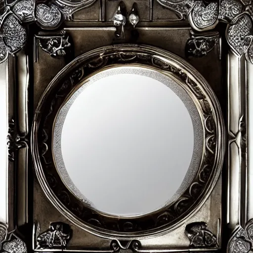 Image similar to a mirror in the shape of an antique silver tray floating and shooting purple magic in a castle, digital art