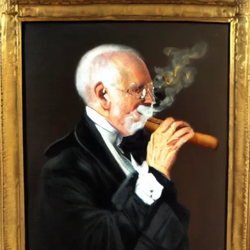 Prompt: Oil painting of Carl XVI Gustav smoking a cigar