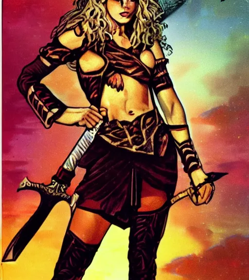 Prompt: 1 9 8 0 s fantasy novel book cover, amazonian taylor swift in extremely tight bikini armor wielding a cartoonishly large sword, exaggerated body features, dark and smoky background, low quality print