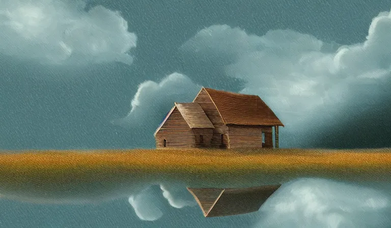 Prompt: A serene landscape with a singular building in the style of digital painting