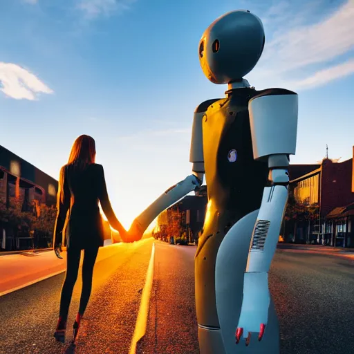 Image similar to a calming photograph of a tall, slender, humanoid robot caresses a beautiful woman in the face, large shot, wide shot, in a street, sunset photo