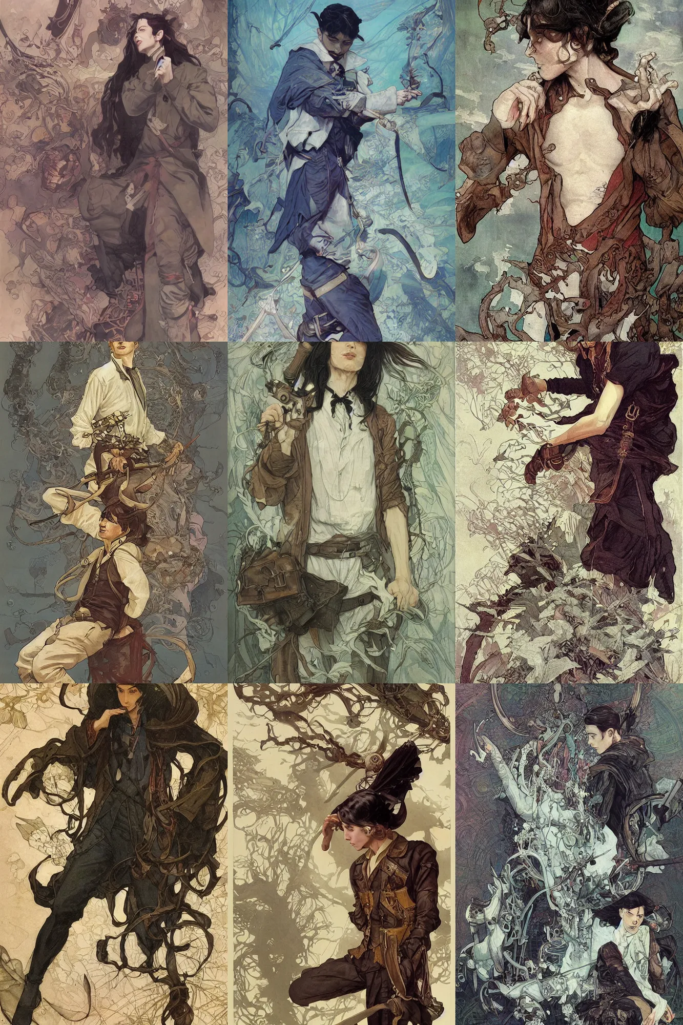 Image similar to thin young male alchemist, long dark hair, 1 9 2 0 s fashion, fantasy, highly detailed, intricate, smooth, art by joseph leyendecker, peter mohrbacher, ruan jia, marc simonetti, ayami kojima, cedric peyravernay, alphonse mucha, victo ngai