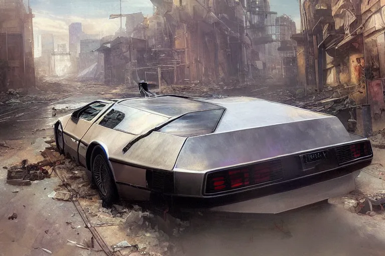 Image similar to photograph of the delorean, with a sleek spoiler, driving down the streets of a cyberpunk abandoned city, by greg rutkowski, by stanley artgerm, by alphonse mucha