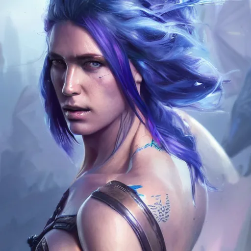 Image similar to a beautiful action portrait of an Atlantis princess, violet hair, blue-fabric, tattoos, by Greg Rutkowski and Raymond Swanland, Trending on Artstation, ultra realistic digital art