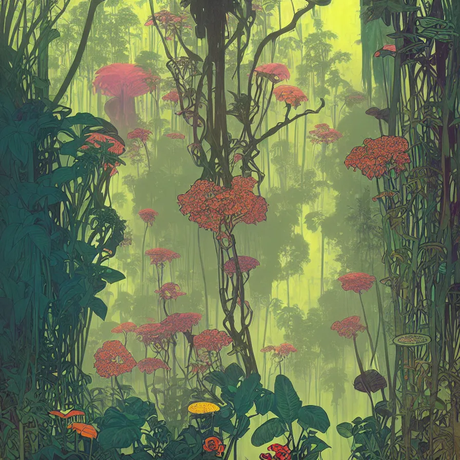 Prompt: surreal glimpse, malaysia jungle, summer morning, very coherent and colorful high contrast pastel art by gediminas pranckevicius alphonse mucha james gilleard james gurney floralpunk screen printing woodblock, dark shadows, hard lighting, stippling dots, art nouveau