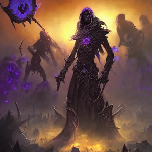 Image similar to necromancer with an army of undead rising from the ground, violet theme, hearthstone art style, epic fantasy style art by Craig Mullins, fantasy epic digital art, epic fantasy card game art by Greg Rutkowski