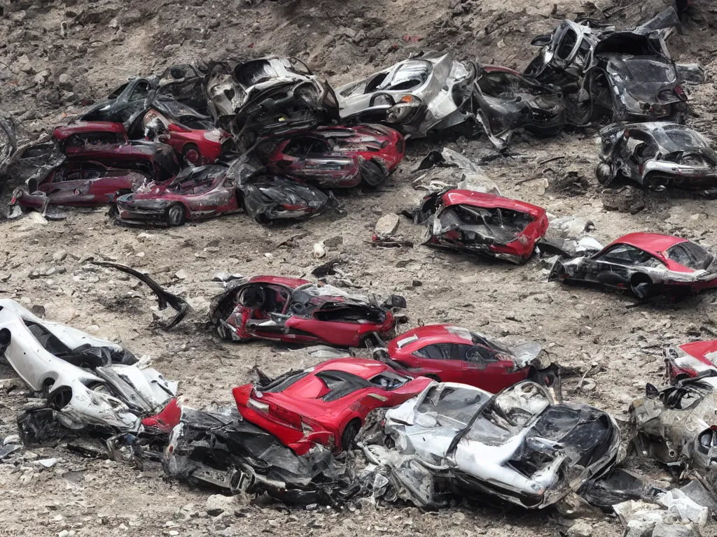 Prompt: crashed ferraris, 3 model lines on top of mount everest