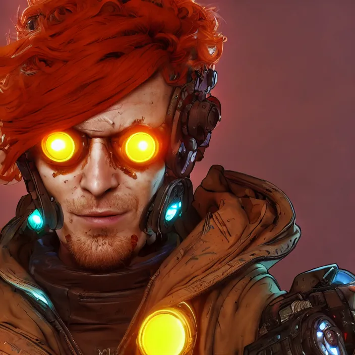 Image similar to cyberpunk portrait of curly orange hair man from borderlands 3, au naturel, hyper detailed, digital art, trending in artstation, cinematic lighting, studio quality, smooth render, unreal engine 5 rendered, octane rendered, art style by klimt and nixeu and ian sprigger and wlop and krenz cushart.