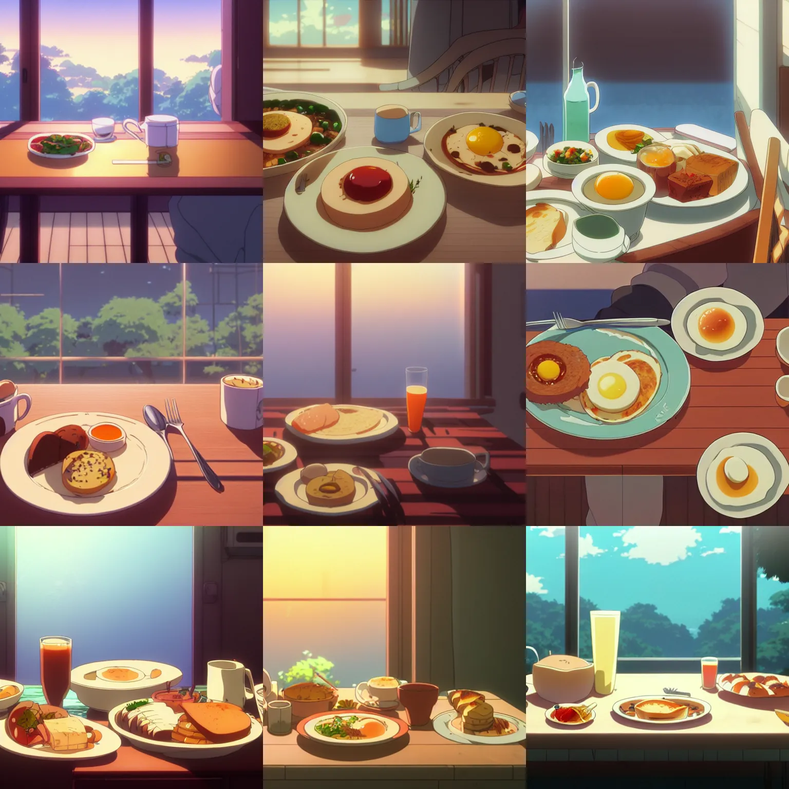 Prompt: hearty breakfast, no people, a close - up, digital art, illustrations, by makoto shinkai and studio ghibli