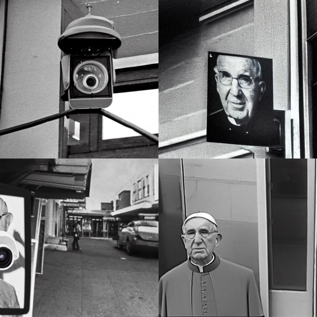 Prompt: security camera footage of pope john paul spotted on CCTV outside of corner store, high exposure, dark, monochrome, camera, grainy, DSLR, security camera footage