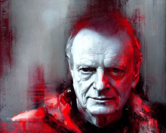 Image similar to portrait of palpatine ian mcdiarmid in shades of grey but with red by jeremy mann