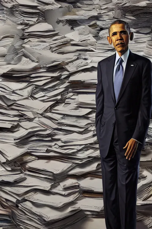 Image similar to obama nervous standing next to a mountain of papers, oil on canvas, intricate, portrait, 8 k highly professionally detailed, hdr, cgsociety