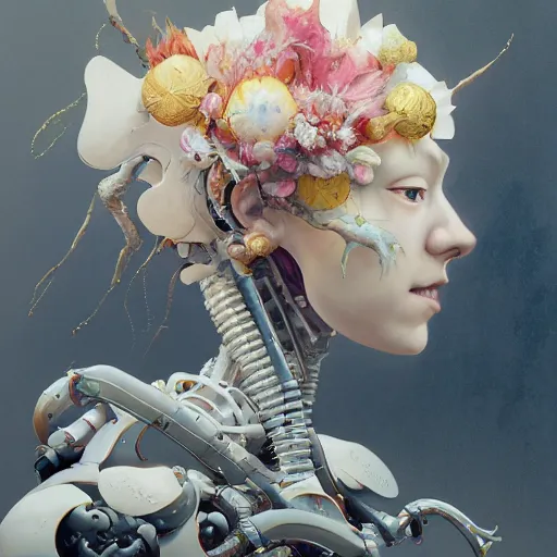 Image similar to surreal gouache painting, by yoshitaka amano, by ruan jia, by conrad roset, by good smile company, detailed anime 3 d render of a female mechanical android head with flowers growing out, portrait and white background, cgsociety, artstation, rococo mechanical costume and grand headpiece, dieselpunk atmosphere