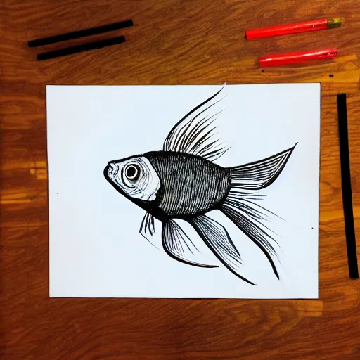 Prompt: drawing of a goldfish drawn in the style of q hayashida