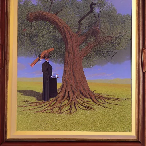 Image similar to tree with human face smoking a cigarette, high detail, fantasy illustration by angus mcbride