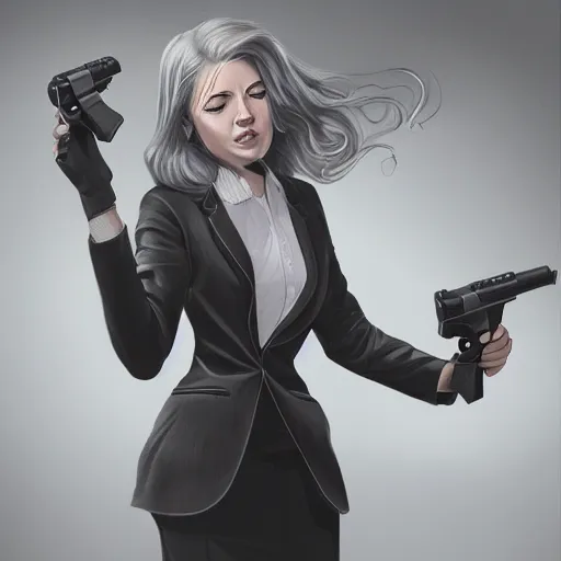 Image similar to a girl wearing a business, she has grey hair and is holding a revolver, digital painting, smooth, hd, realist, artstation, deviantart