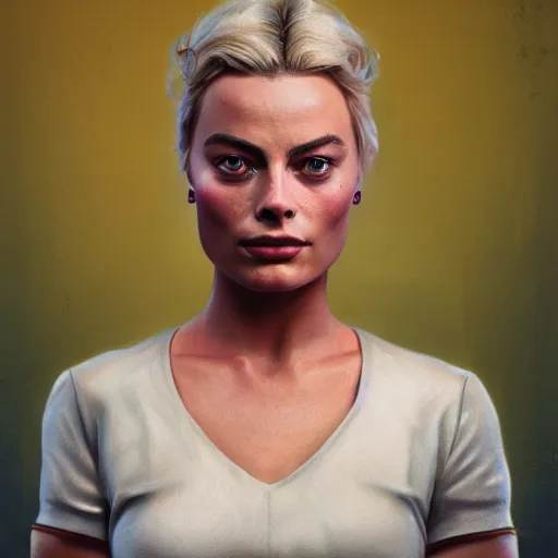Image similar to Character portrait for Margot Robbie in Disco Elysium, oil painting, 8k, octane render, digital art