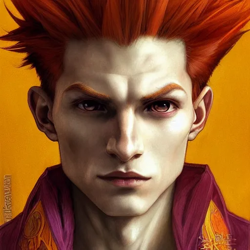 Image similar to portrait of hisoka morow hunter hunter, male, upper body sharp jaw yellow eyes small eyes red hair, medium length hair, anime, fantasy, intricate, elegant, highly detailed, digital painting, artstation, concept art, matte, sharp focus, illustration, art by artgerm and greg rutkowski and alphonse mucha