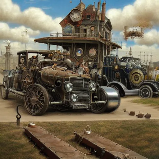 Image similar to a hyperrealistic painting of a steampunk car race, blue skies, fluffy clouds, by john kenn mortensen, highly detailed,