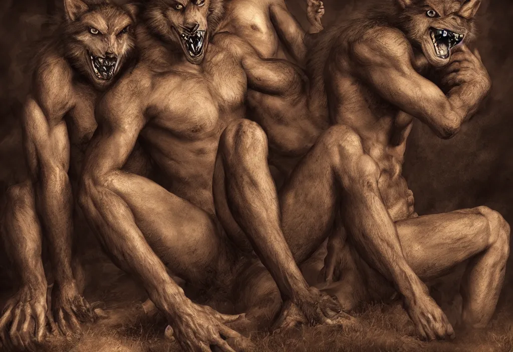 Image similar to Portrait of a two-headed werewolf sitting down, detailed face, bare thighs, fantasy, highly detailed, cinematic lighting, digital art