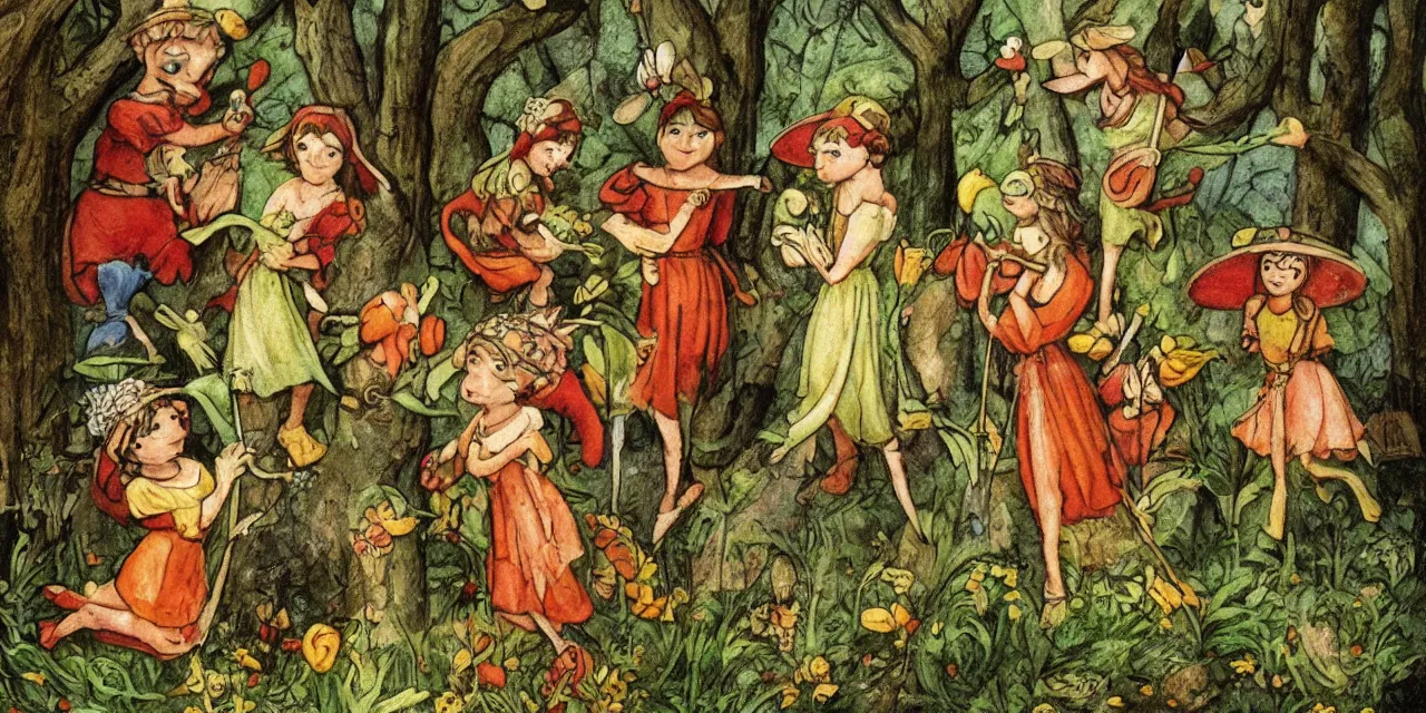 Image similar to medieval folktale fairies and toadstools