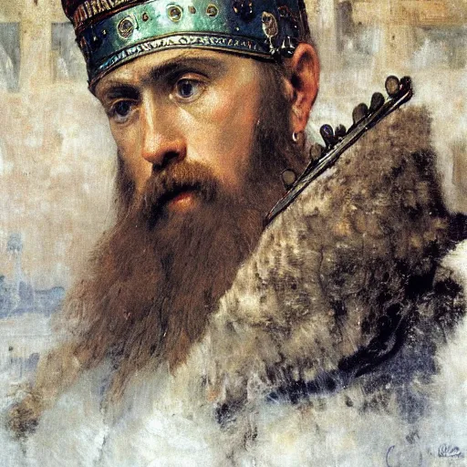 Image similar to portrait of Ivan the Terrible listening smartphone masterpiece painting by vasnetsov and surikov, JEAN-VICTOR BERTIN, by Terence Cuneo, detailed, artfully traced, 4k resolution, cinematic, dramatic