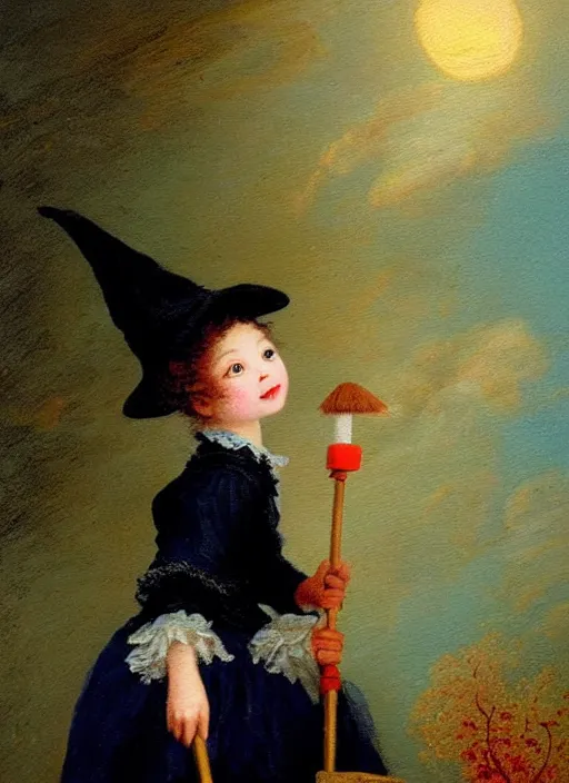 Prompt: little cute witch in an oil painting by jean - honore fragonard, portrait, with a broom, bob cut black hair, red bow in the hair, asian girl, intricate details, symmetrical face, sky in the background, stars, sparkles, glitter, sunset, epic lighting, soft vibes, navy blue red and black tones, ghibli tones, cinematic