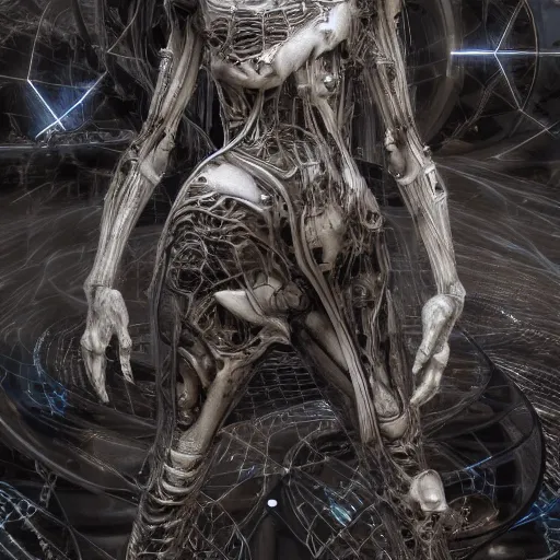 Image similar to machine elfs, abstract, decay, giger textures, ghostly figure, morphing skulls, bone and teeth with cosmic circuitry and futuristic technology rearranging body form, abstract, voodoo, ultra realistic, hyper realism, 1 2 k, epic, octane render, unreal engine, vfx, maya, alex grey