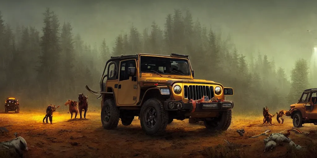 Image similar to Mahindra thar, headlights turned on, animals attacking, furious action scene, an epic fantasy, dramatic lighting, cinematic, establishing shot, extremely high detail, photorealistic, cinematic lighting, matte painting, artstation, by simon stalenhag, horizon forbideen west