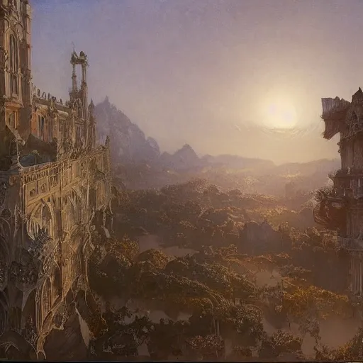 Image similar to ellen jewett, beautiful surreal palatial muscat at dawn, gustave dore, ferdinand knab, edward hopper