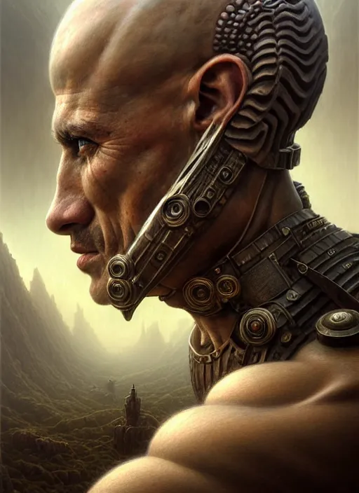 Image similar to portrait shot of muscular warrior in a scenic dystopian environment, intricate, elegant, highly detailed, centered, digital painting, artstation, concept art, smooth, sharp focus, illustration, artgerm, tomasz alen kopera, peter mohrbacher, donato giancola, joseph christian leyendecker, wlop, boris vallejo