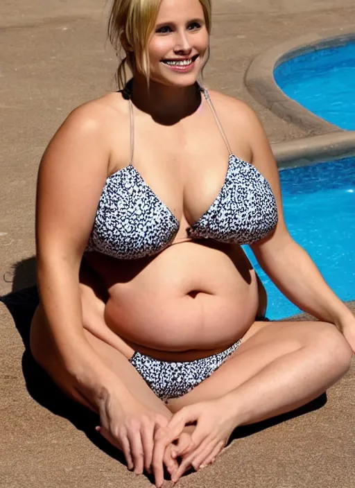 Image similar to thick chubby curvy kristen bell in a bikini with a fat chubby belly sitting on the edge of a pool