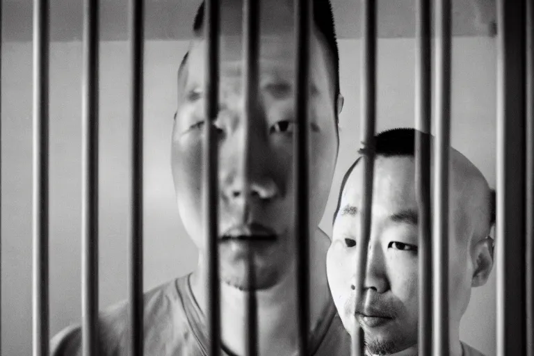 Image similar to an 8 5 mm portrait of a justin sun in prison looking through the bars of his cell, by annie leibovitz, shallow depth of field, cinematic lighting