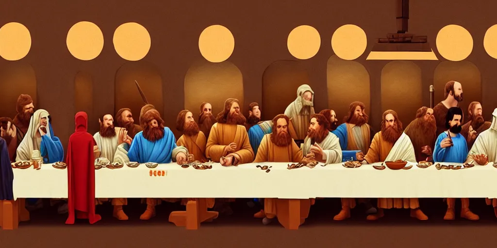 Image similar to star wars last supper by wes anderson, digital painting, trending on artstation, sharp focus, 4 k