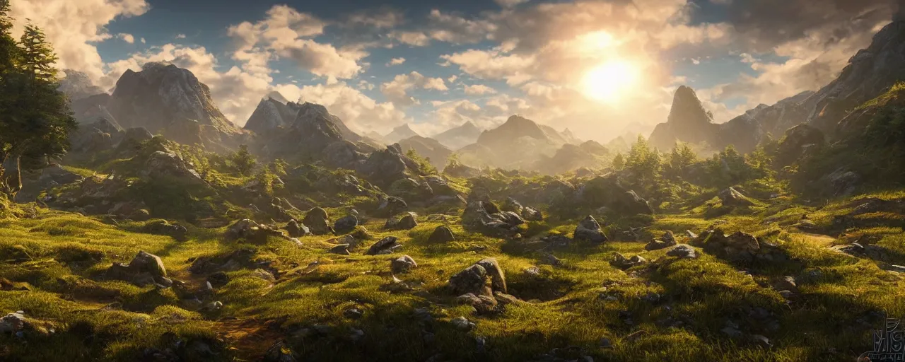 Image similar to ten suns in the sky positioned in the sun path, a magical lush highland landscape in the background with mountains far away, hypermaximalistic, high details, cinematic, 8k resolution, beautiful detailed, insanely intricate details, artstation trending, octane render, unreal engine