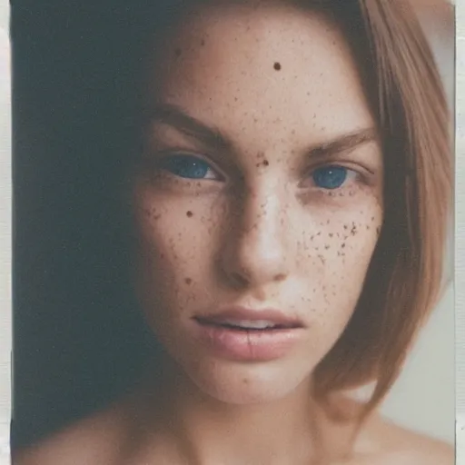 Image similar to close up photo of beautiful woman face light freckles soft light polaroid