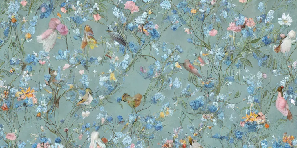 Image similar to breathtaking detailed concept art painting pattern of goddesses of light blue flowers with anxious piercing eyes and background blend of flowers and fruits and birds, by hsiao - ron cheng and beto val and john james audubon, bizarre compositions, exquisite detail, extremely moody lighting, 8 k