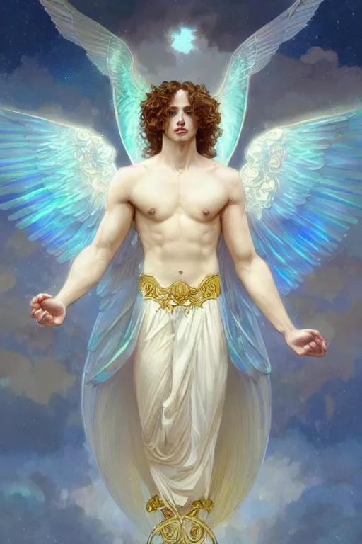 Prompt: fullbody portrait of a beautiful young fit male angel with curly blond hairs, full dressed in long fluent clothes, majestic symmetrical big dove wings, luminous halo, by greg rutkowski and alphonse mucha, gradient white to gold, in front of an iridescent background, highly detailed portrait, digital painting, artstation, concept art, smooth, sharp focus illustration
