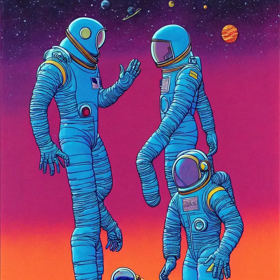 Prompt: ( ( ( ( astronaut talking face to face with a humanoid creature from another planet. ) ) ) ) by mœbius!!!!!!!!!!!!!!!!!!!!!!!!!!!, overdetailed art, colorful, artistic record jacket design